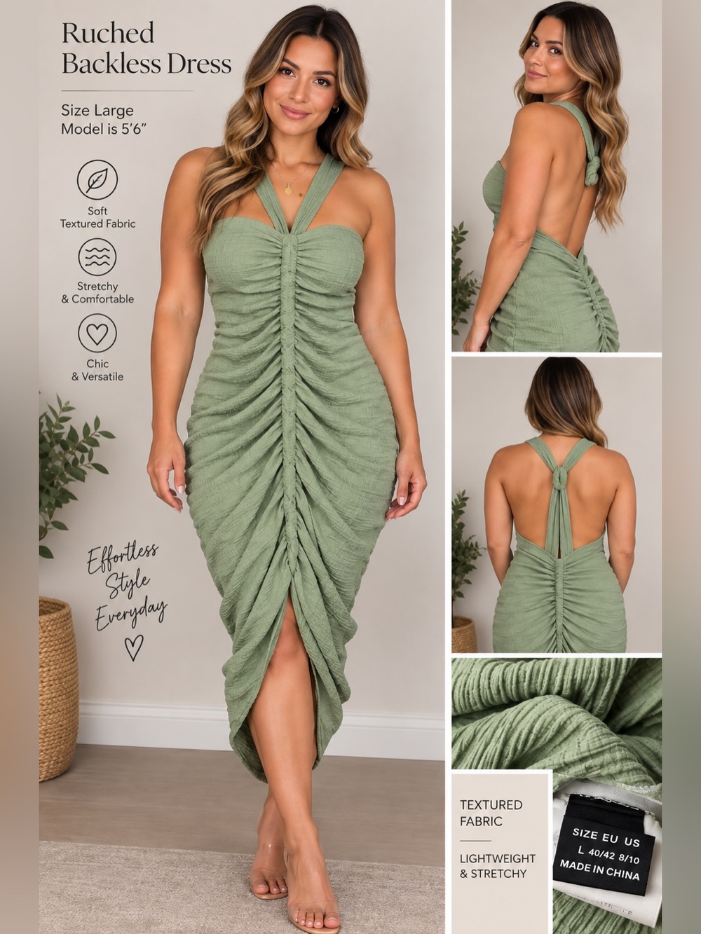Ruched Backless Halter Midi Dress - Sage Green